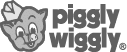 Black and white Piggly Wiggly logo featuring a cartoon pig head wearing a white hat with a triangular design on it, next to the text "piggly wiggly" in lowercase letters.