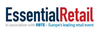 Logo of "Essential Retail" in blue and red text, followed by the phrase "in association with RBTE – Europe's leading retail event" in smaller gray and blue text.
