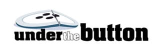 Logo for "Under the Button" featuring a cartoon-like representation of an uneaten slice of pizza placed at an angle over the text. The words "under the" are in lowercase, with the word "button" in bold, black lowercase letters.