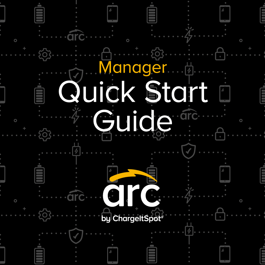 A black background featuring a pattern of various icons like gears, phones, and shields. Text in the center reads "Manager Quick Start Guide." The bottom part displays the "arc" logo with a yellow curved arrow, followed by "by ChargeItSpot.