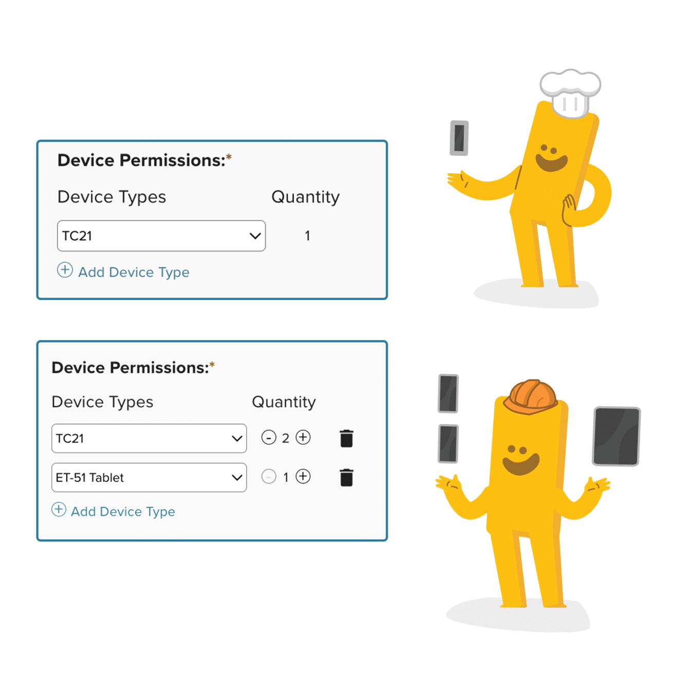 Two diagrams showing device permissions interface. The first diagram displays a single device type (TC21) with a quantity of one. The second diagram shows two device types (TC21 and ET-51 Tablet) with respective quantities of two and one. A cartoon character is present in both diagrams: the first one is wearing a chef's hat and holding a tablet, and the second one is wearing a hard hat and holding another device.