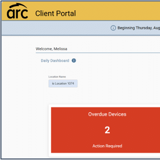Screenshot of the ARC Client Portal dashboard for XYZ Corp. showing the status of devices and tasks. There is a header with navigation options, a welcome message for "Melissa," a location dropdown, and three status cards indicating overdue devices (2), locker tasks (1), and an ARC score of 9.